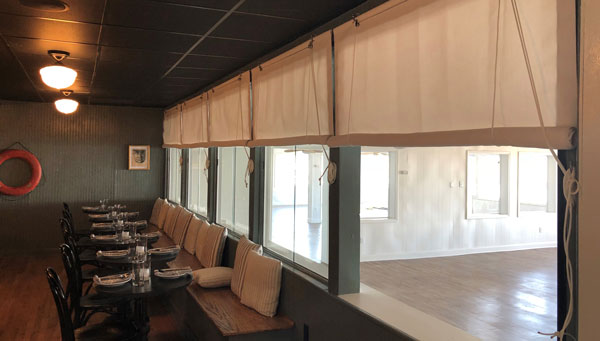 Restaurant Roll Up Curtains in Sunbrella or Awntex Mesh