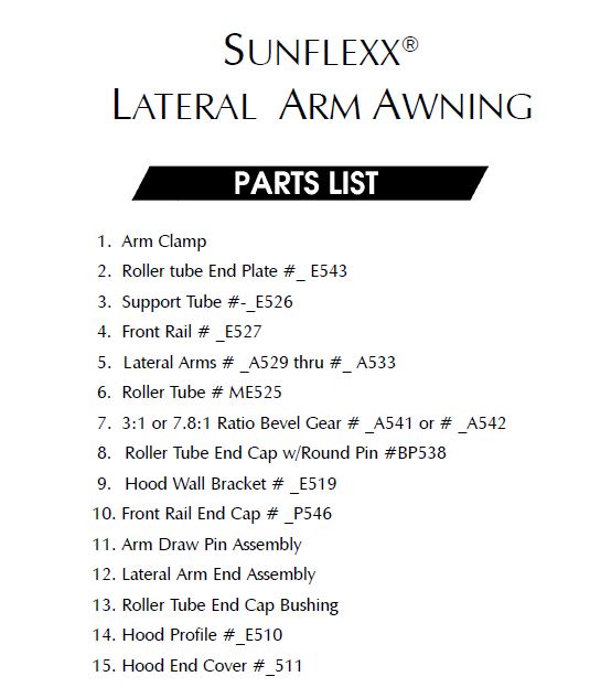 Sunflexx Lateral Arm Awning Parts List